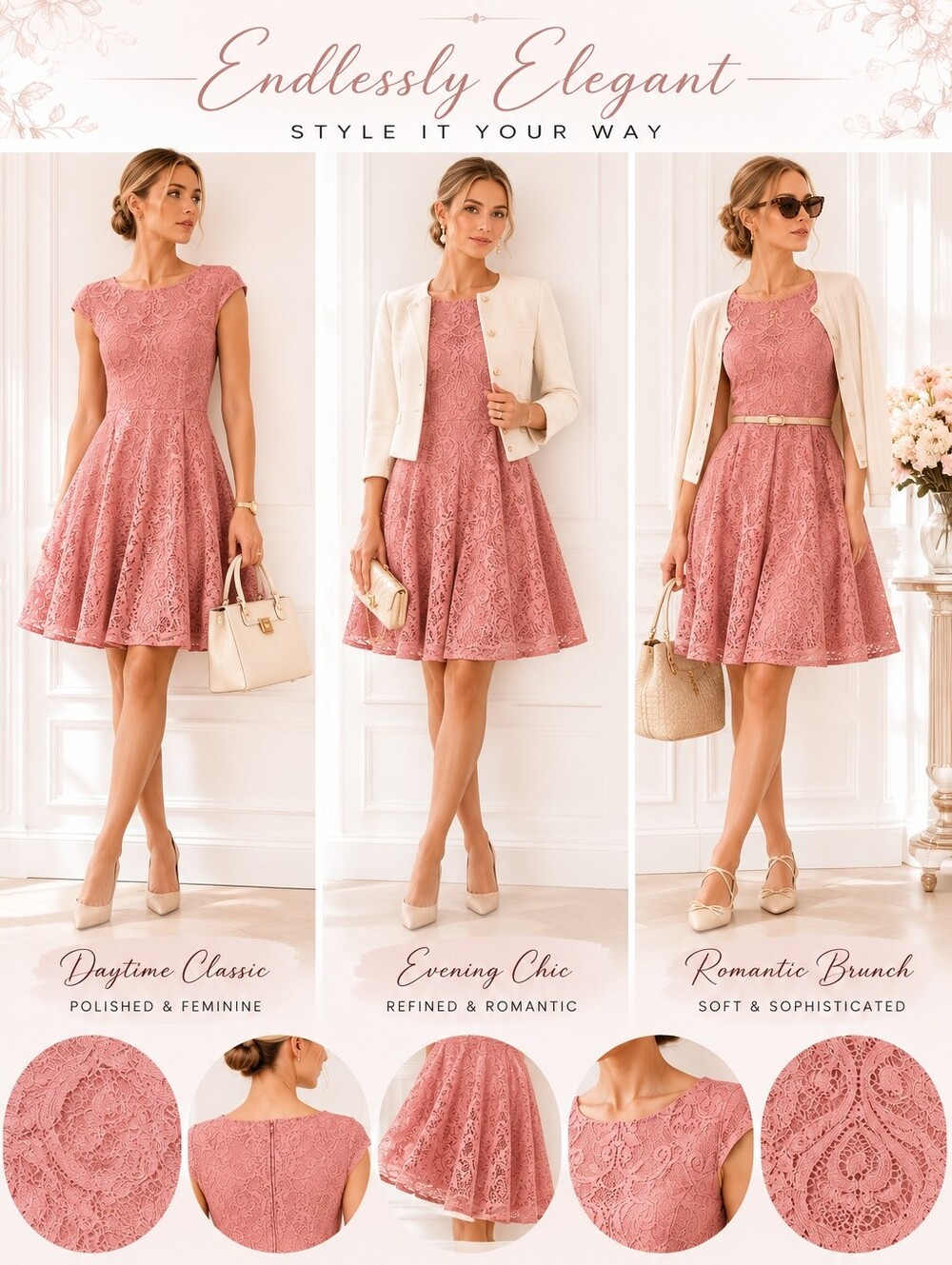 AUW | Pink Lace Fit & Flare Dress | Size 12 | Cap Sleeve Feminine Occasion Dress - Picture 3 of 8